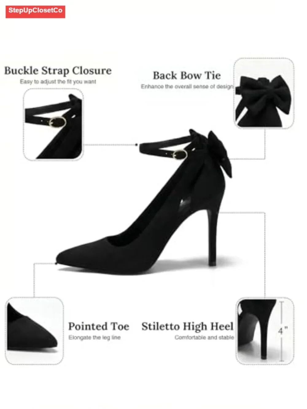 Women's Pointed Toe Bow Tie High Heels Ankle Strap Wedding Pumps - 4 Inch